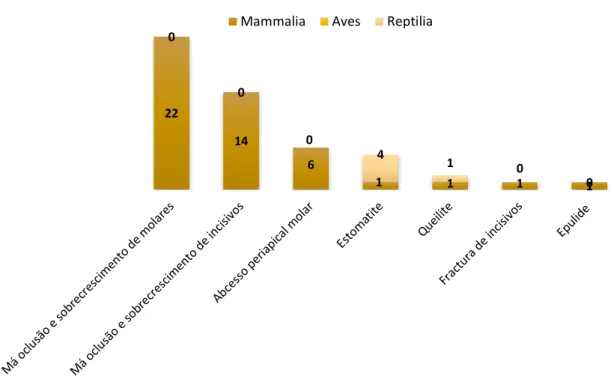 Gráfico 4 - Distribuição  absoluta por classe animais,  dos casos observados em  cada alteração  clínica  da  especialidade  de  estomatologia  e  odontologia  (ɳ=51,  sendo  ɳ  o  nº  total  de  casos  assistidos)