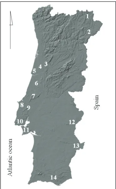 Fig. 2. Major karst areas of Portugal. 1 – Dine; 2 – Vimioso; 3 – Cantanhede; 