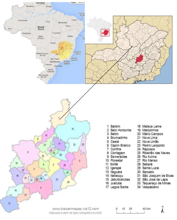 Figura 1. Localização dos municípios da área do entorno de Belo Horizonte. 2014. 