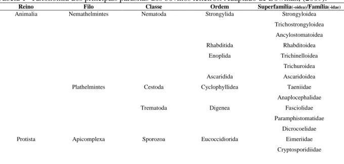 Tabela 1- Taxonomia dos principais parasitas dos bovinos leiteiros. Adaptado de Bowman, (2009)
