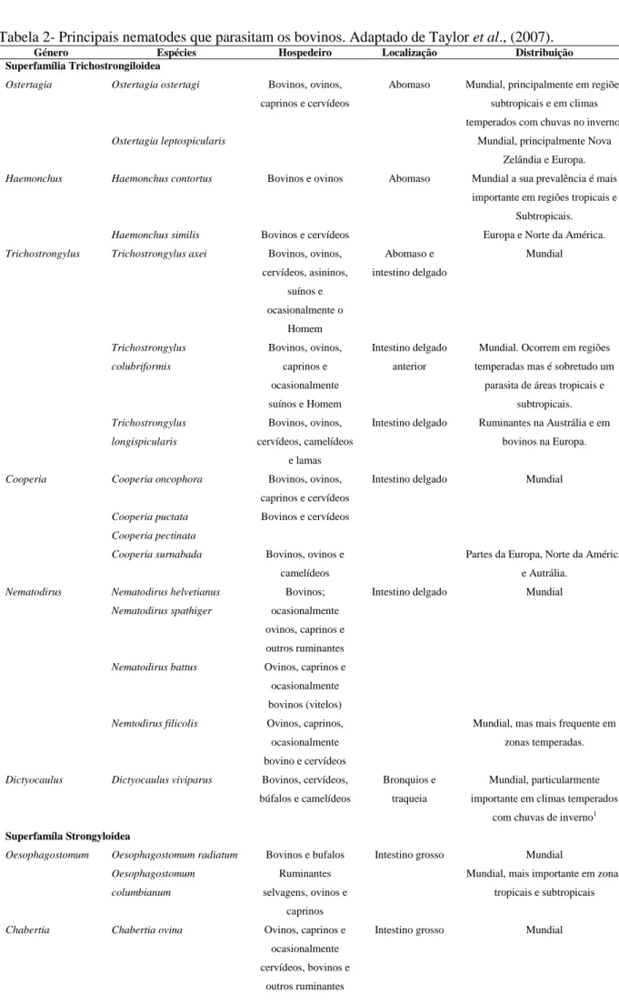 Tabela 2- Principais nematodes que parasitam os bovinos. Adaptado de Taylor et al., (2007)