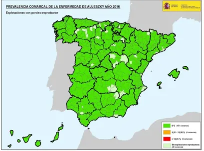 Figura 1 - Mapa da prevalência da doença de Aujeszky em 2016 (adap- (adap-tado de mapama.gov.es, 2016) 