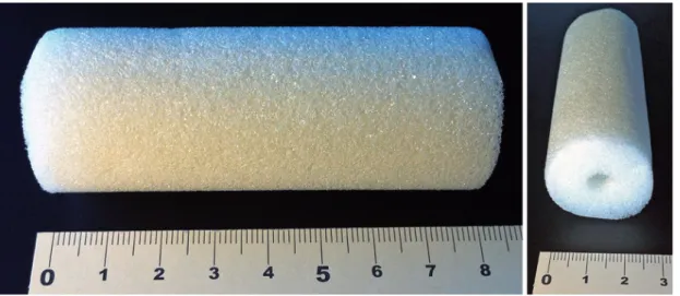 Figure 1 - The absorbable hemostatic gelatin sponge (SPONGOSTAN TM  Anal) made of gelatin is cylindricality-shaped of 3 cm  (diameter) X 8 cm