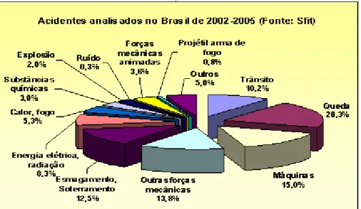 GRÁFICO 1 – Acidentes de trabalho no Brasil de 2002 a 2005 analisados 