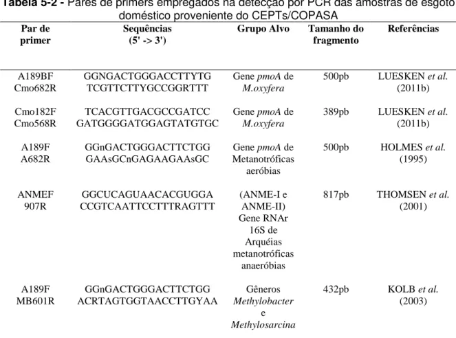 Tabela 5-2 - Pares de primers empregados na detecção por PCR das amostras de esgoto  doméstico proveniente do CEPTs/COPASA 