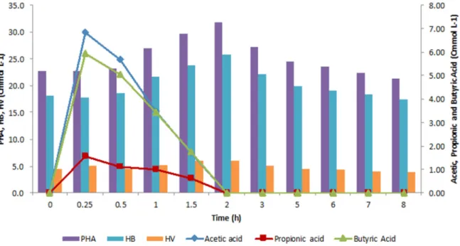 Figure 3. SBR representative cycle on the 66th day of operation: PHA, HB and HV content  represented by purple, blue and orange bars, respectively, and acetic, propionic and butyric  represented by blue, red and green lines