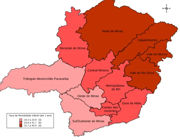 Figura 2: Taxa de mortalidade para menores de 1 ano (mortes por mil nascidos  vivos) nas Mesorregiões de Minas Gerais - 2000 