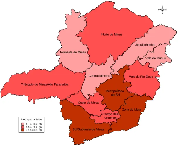 Figura 3: Proporção de leitos hospitalares do SUS nas Mesorregiões de Minas  Gerais - 2003 