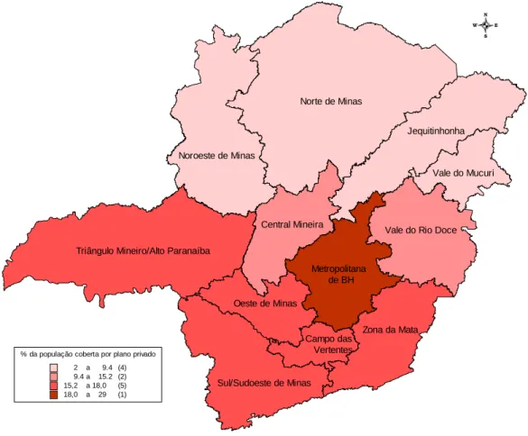 Figura 4: Proporção da população coberta por plano privado de saúde nas  Mesorregiões de Minas Gerais - 2004 