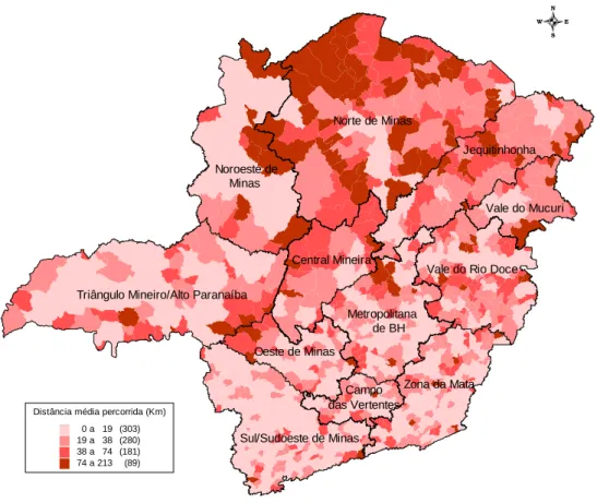 Figura 5: Distância média (Km) percorrida pelos pacientes para acesso a  internação hospitalar (em relação ao total de pacientes internados) nas  Mesorregiões de Minas Gerais - 2004 