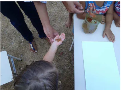 Figura 1 - Colocando a tinta feita de terra na mão da criança 