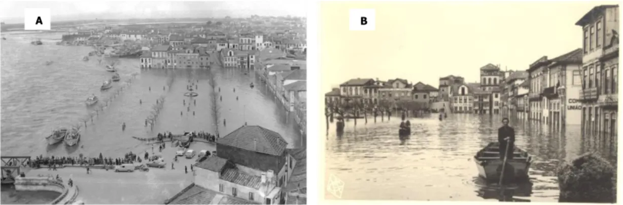 Figura 1 A e B – Praça da República inundada pela cheia de 1962. (Fonte: Centro de Memória  de Vila do Conde)