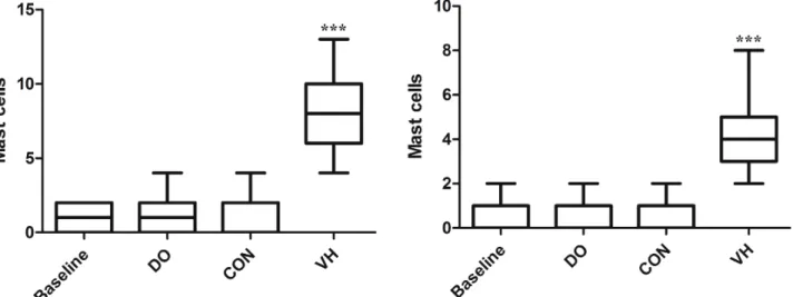 Figure 6 - Comparison of MC infiltration of large intestine  between CON and VH group (1.6±0.77 versus 6.5±5.0, 