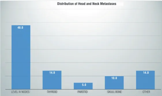 Figure 1 - Distribution of head and neck metastases by location (in % of n=22 patients).