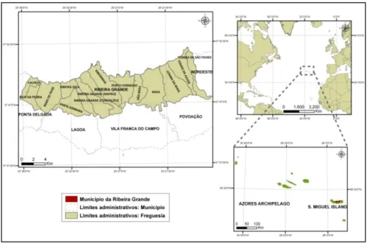 Fig. 1 – Mapa do Concelho da Ribeira Grande com a inserção ao nível A rquipélago e Atlântico 