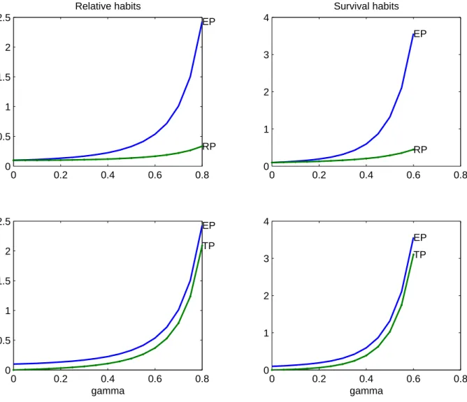 Figure 4: Equity premium and risk premium for various values of γ , σ = 0.0053, ν = 7.