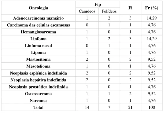 Tabela 13 - Distribuição da casuística de Oncologia por família/grupo [n=21; Fip - Frequência absoluta  por família/grupo; Fi - frequência absoluta; Fr (%) - frequência relativa]