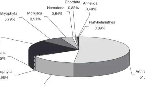Figura 2. Proporção de taxa (espécies e subespécies) dos vários grupos de fungos, plantas e animais terrestres  dos arquipélagos da Madeira e Selvagens (ver igualmente Quadro 1).