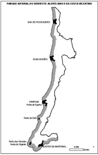 Figura 1. Parque Natural do Sudoeste Alentejano e Costa Vicentina com as Áreas Marinhas Protegidas definidas no  âmbito de uma regulamentação da pesca lúdica aplicada especificamente a este parque natural (Portaria 143/2009)