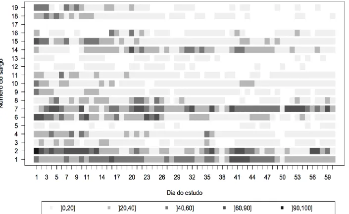 Figura 5. Residência dos D. sargus libertados na AMP da Ilha do Pessegueiro. A tonalidade de cada barra indica a classe  de tempo despendido, em percentagem relativamente ao total diário, na área de estudo