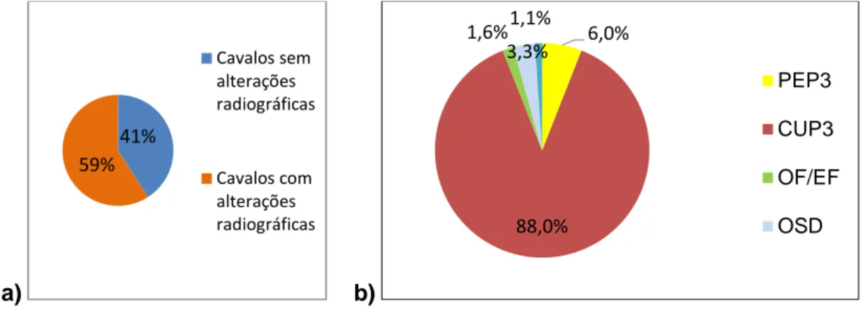 Figura  3:  a)  Prevalência  de  Achados  Radiográficos  nas  Articulações  interfalângicas  dos  Equinos,  b)  Percentagem  de  Determinado  Achado  Radiográfico nas Articulações Interfalângicas do Total de Equinos aí Afectados