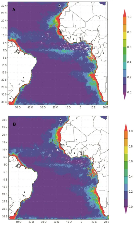 Figura 9. Concentração de clorofila a (mg m –3 ) no oceano Atlântico tropical durante a época não-reprodutora de 2012/2014 (A)  e de 2013/2014 (B) 
