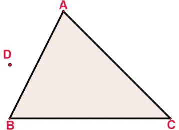 Figura 39: Triângulo ABC e ponto D não pertencente ao triângulo.  1º Passo: Clique na Janela 4 e selecione a opção “Reta Paralela”