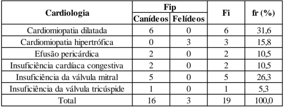 Tabela 3: Distribuição da casuística da área de cardiologia por família [n=19; Fip – frequência  absoluta por família; Fi – frequência absoluta; fr (%) – frequência relativa.] 