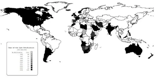 Figure  1-  201  countries  that  reported  their  sanitary  situation  to  the  World  Animal  Health  Organization (OIE), 1996 – 2004