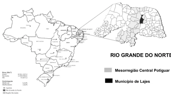 FIGURA 1: Divisão político administrativa do Brasil, em destaque o Estado do Rio Grande do Norte e o município de Lajes