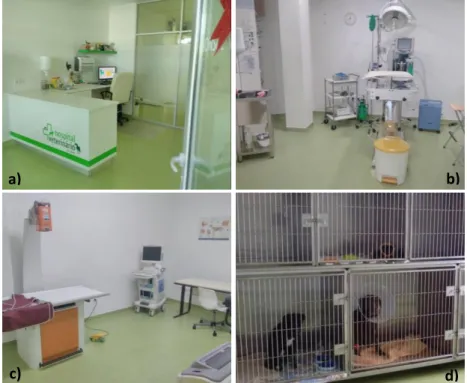 Figura 1  –  Instalações do Hospital Veterinário de Leiria: a) Consultório; b) Sala de  cirurgia; c) Sala de radiografia e ecografia; d) Sala de internamento de cães