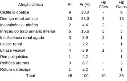 Tabela 10. Distribuição da casuística em função das afeções do trato urinário (n=45). 