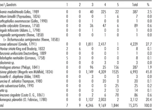 Table  I.  Specific  composirion  of rhe  molluscan  fauna  inhabiring  rhe  inrerridal  algal  rurf and  roral  number of specimens  collecred  in  each  quadrar