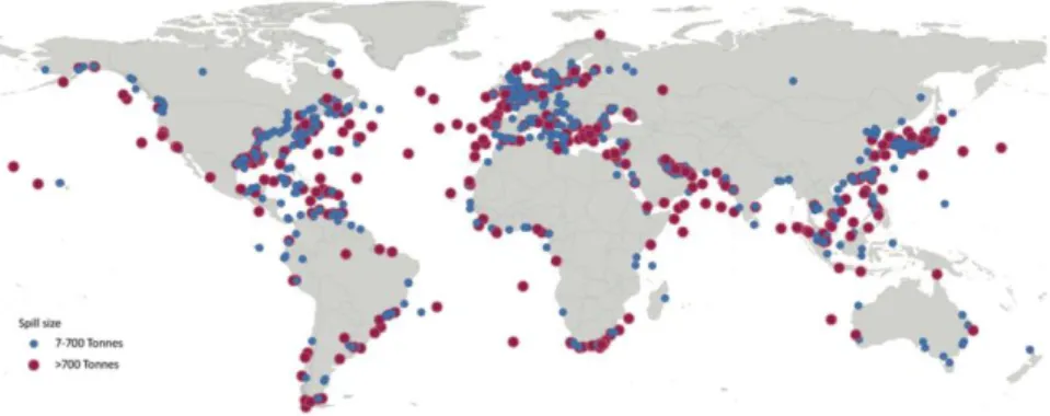 Figura 5 – Localização dos derrames de óleo no mundo (1970-2019)  