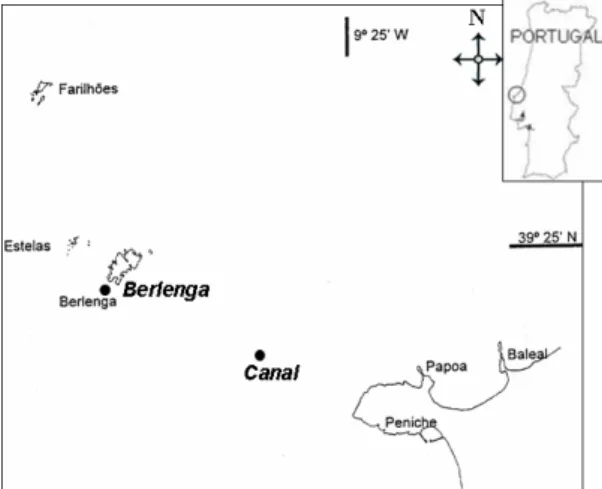 Fig. 1.  Berlengas  Archipelago  with  its  3  groups          of islands and the location of the sampling stations (●).
