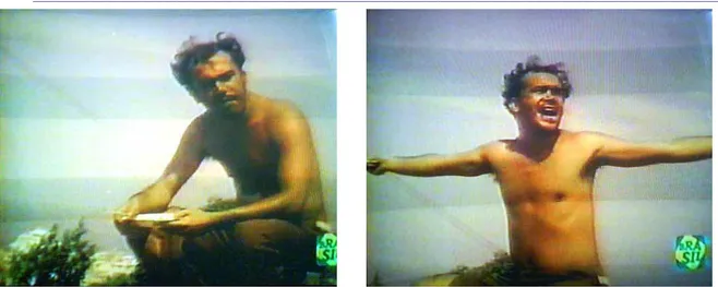 Figura 9 e 10. Fotogramas de Vidimar (Othoniel Serra), irmão de Sônia, comendo e cantando em Copacabana Mon Amour