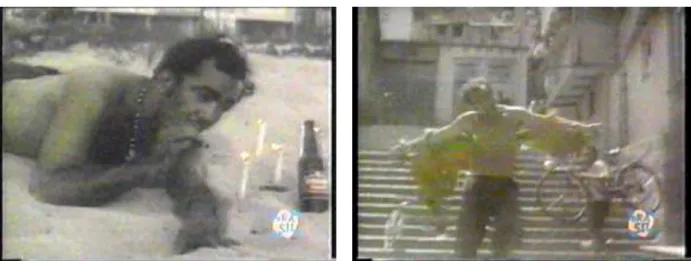 Figura 29 e 30. Fotograma de Vidimar (Othoniel Serra), cantando um “ponto” de candomblé, e, em outra sequência,  correndo loucamente pelas escadas da favela, depois de assassinar o seu próprio patrão em Copacabana Mon Amour