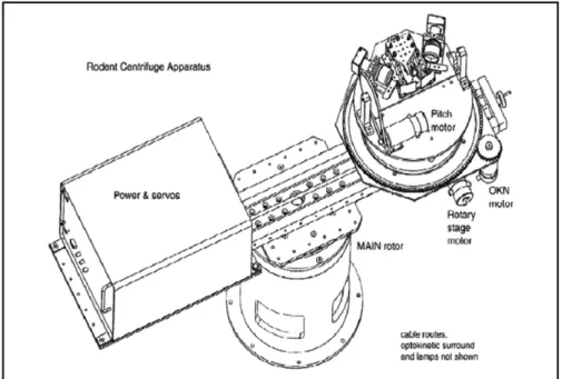 Fig. 1 Centrifuge schematic composed of: the main earth vertical rotor, the eccentric earth vertical rotor, a pitch or roll platform of 30° where the animal and the camera are located, and a horizontal optokinetic drum.