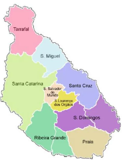Fig. 3 - Divisão administrativa da Ilha de Santiago em Cabo Verde (Hernández, 2008) 