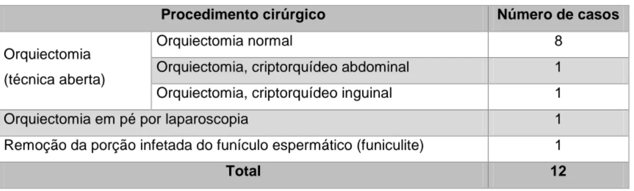 Tabela 11 - Número de casos cirúrgicos na área da andrologia 
