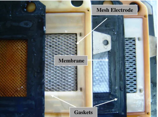 Figure 2.6 – View of the different components of the membrane cell using mesh  electrodes