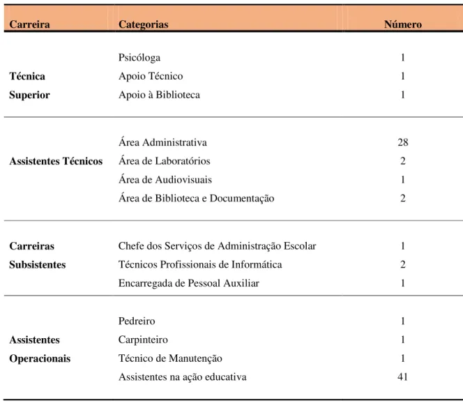 Tabela 6: Trabalhadores não docentes, por áreas de atividade. Fonte: Projeto Educativo, 2014