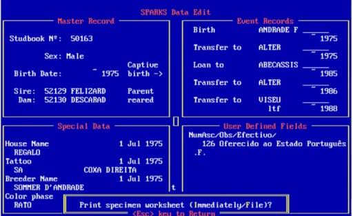 Figure 7 - Example of a Sorraia Studbook entry screen in SPARKS software. 