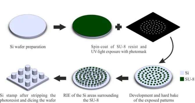 Figure 4.2 - Schematic representation of the Si stamp fabrication process. After thorough preparation, the wafers were coated  with ±1.5 µm of SU-8 and exposed to UV light in hard contact with the photomask