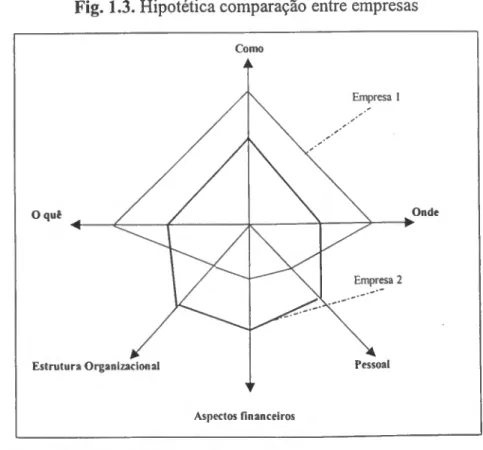 Fig. 1.3. Hipotética comparação entre empresas  Como  i  Empresa 1  Oqoê / /  \ Onde    f 7  Empresa 2  \   Estrutura Organizacional  \  Pessoal  r  Aspectos financeiros  Fonte: Welch e Luostarinen,1988 