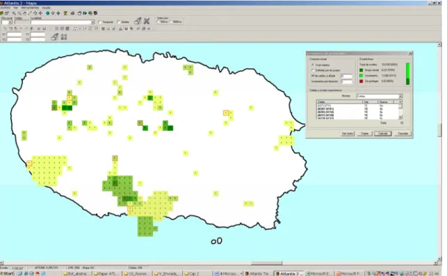 Figure 4.  Data analysis window of ATLANTIS Tierra 2.0, in which it is possible to observe marked  in red the grid-cells that are necessary to include all the endemic beetles (Insecta, Coleoptera)  occurring in Terceira island (see text for further explana