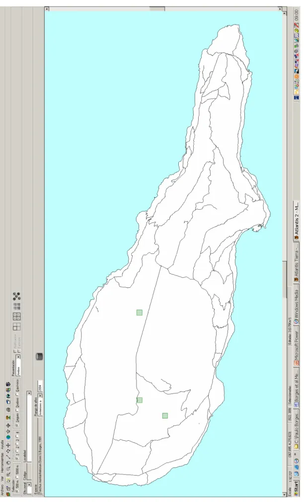 Figure 3. Species managment window of ATLANTIS Tierra 2.0, in which it is possible to observe the detailed distri- bution of Trechus montanheirorum in the island of Pico (lines are main roads in the island)