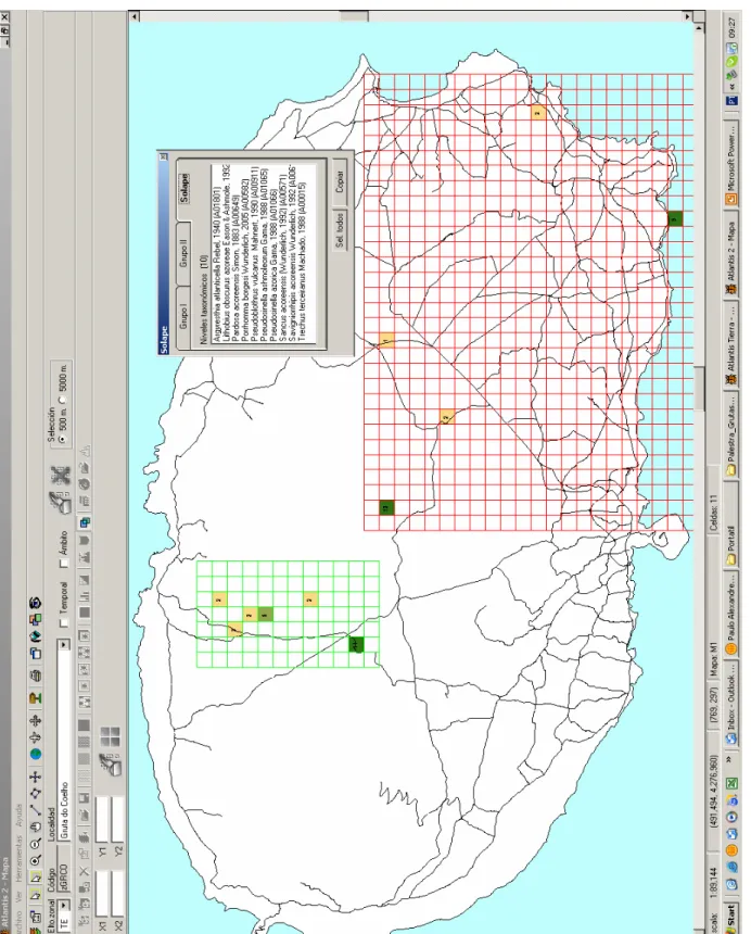 Figure 6. Data analysis window of ATLANTIS Tierra 2.0, in which it is possible to observe the list of endemic arthropods that occur in two distinct  cave systems at Terceira island (see text for further explanations).