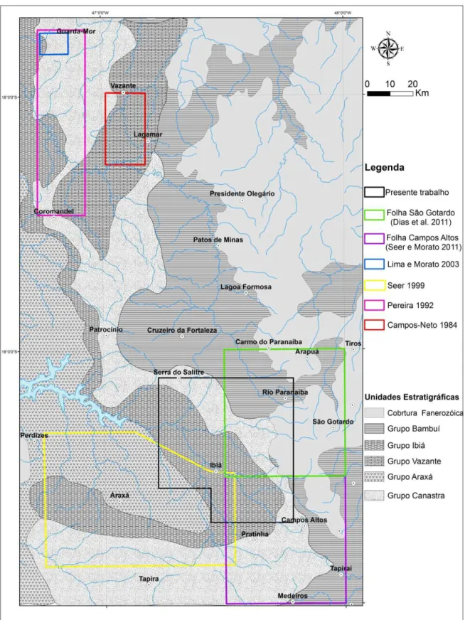 Figura 1.2 - Mapa geológico regional com localização das áreas de trabalhos anteriores