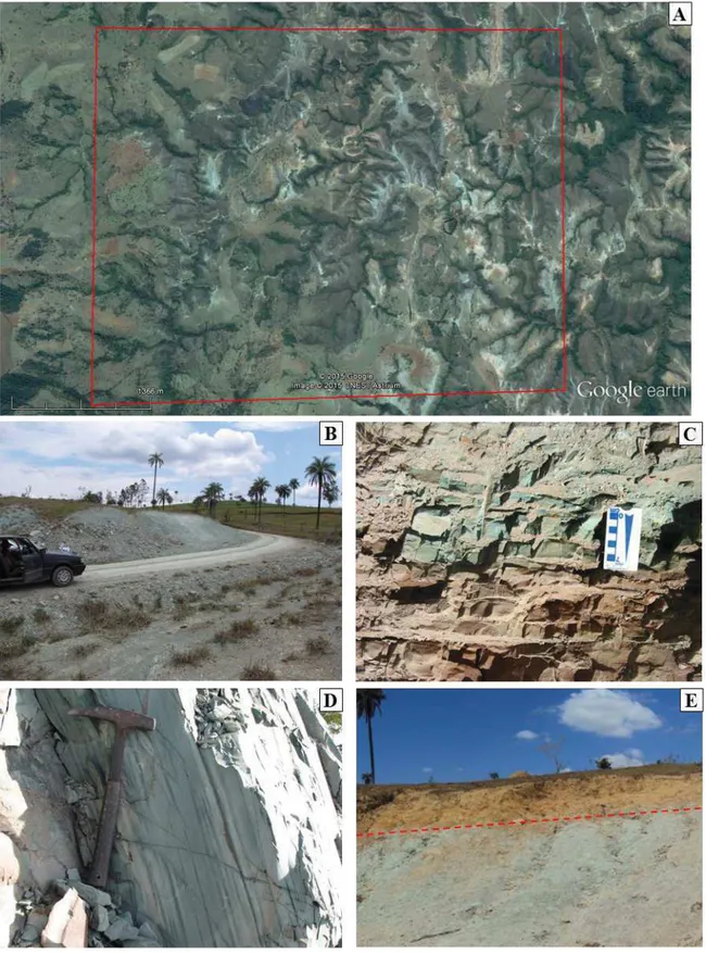 Figura 5-6: A) Imagem do Google Earth da área pesquisada (afloramentos de verdetes em  tonalidade azulada); B) afloramento de verdetes em corte de estrada (Coordenadas: 407850 E, 